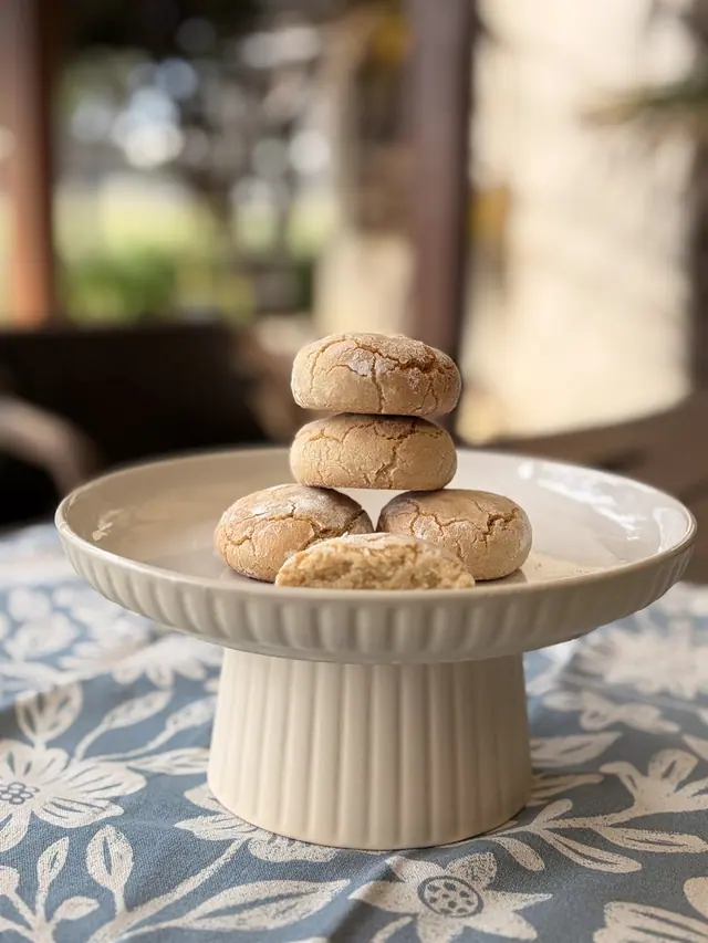 Almond Kiss cookies stacked on a cake stand with a broken cookie showing the soft centre.