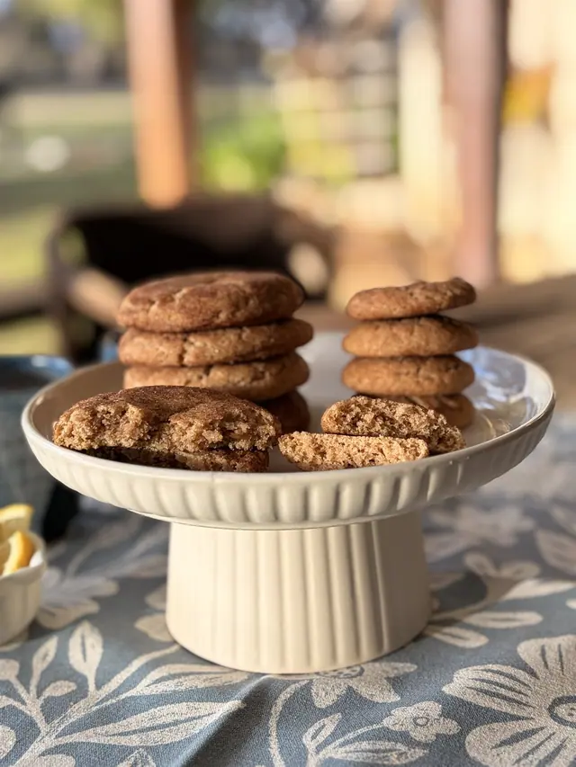 Cinnamon Hug cookies stacked on a cake stand with broken cookies showing their soft centres.