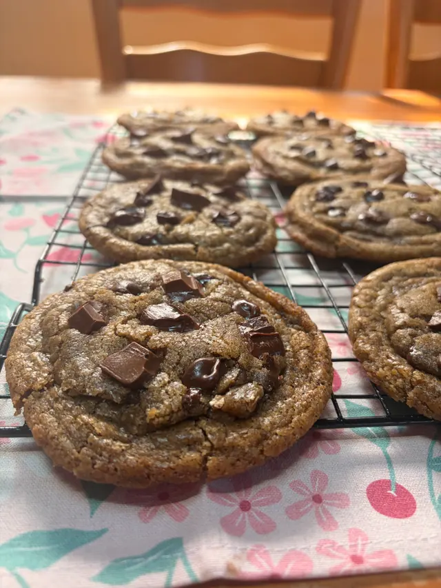 Limited Edition_Father's Day cookies cooling on a rack with chunky chocolate on top.