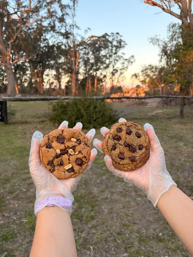 Two Limited Edition_Father's Day cookies held outdoors at sunset.