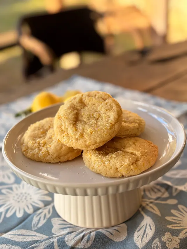 A hand holding a Forever Favourites_Zesty Cookie in front of a plate of cookies and lemons.