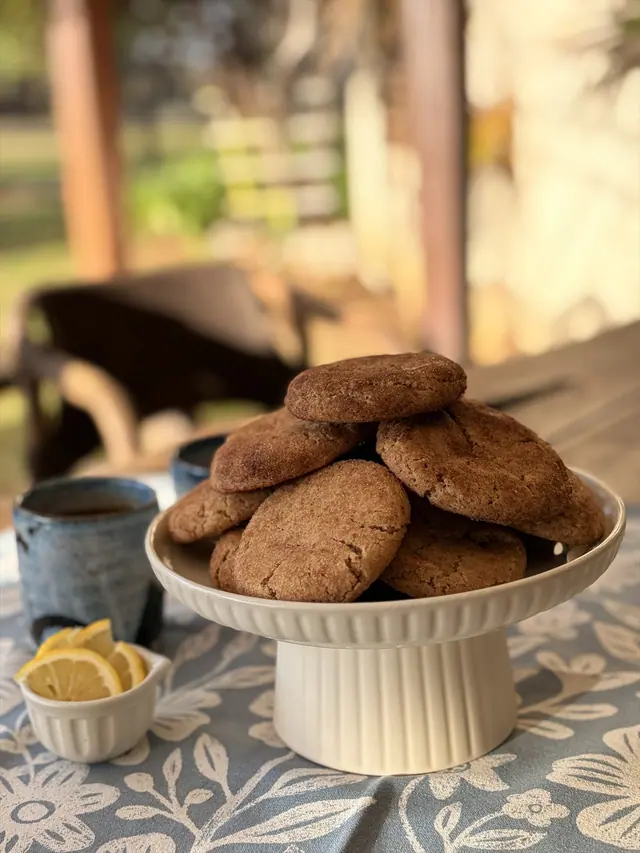 Cinnamon Hug cookies stacked on a cake stand with broken cookies in front.