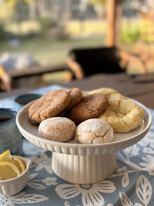 Cinnamon Hug, Almond Kiss, and Zesty Cookies arranged on a cake stand outdoors.