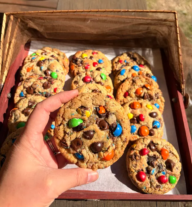 A close-up M and Ms choc chunk cookie held in front of a tray of cookies.
