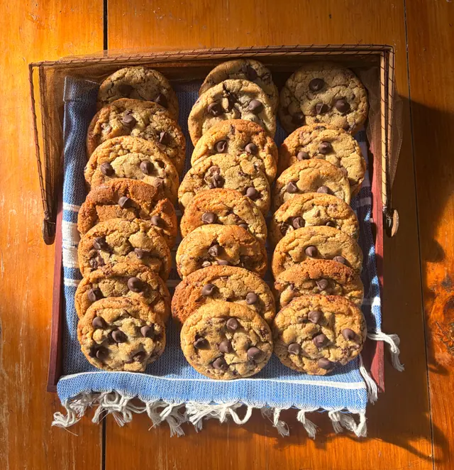 An overhead view of signature chocolate chip cookies.