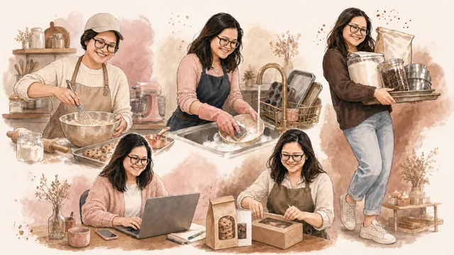 Illustrated collage of Del baking, washing dishes, answering customer emails, carrying baking supplies, and packing Oh Yummy orders.