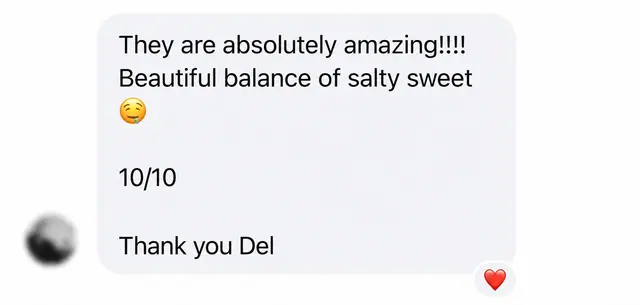 A customer review praising the cookies as amazing with a beautiful balance of salty sweet.