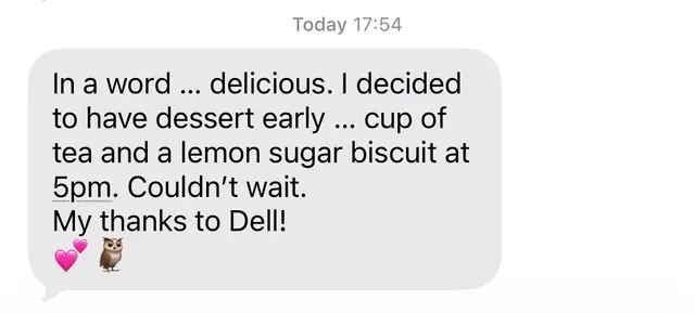 A customer review saying the lemon sugar biscuit was delicious and couldn't wait until later to have dessert.