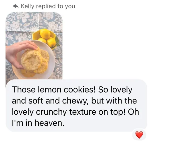 A customer review praising the lemon cookies as lovely, soft, chewy, and crunchy on top.